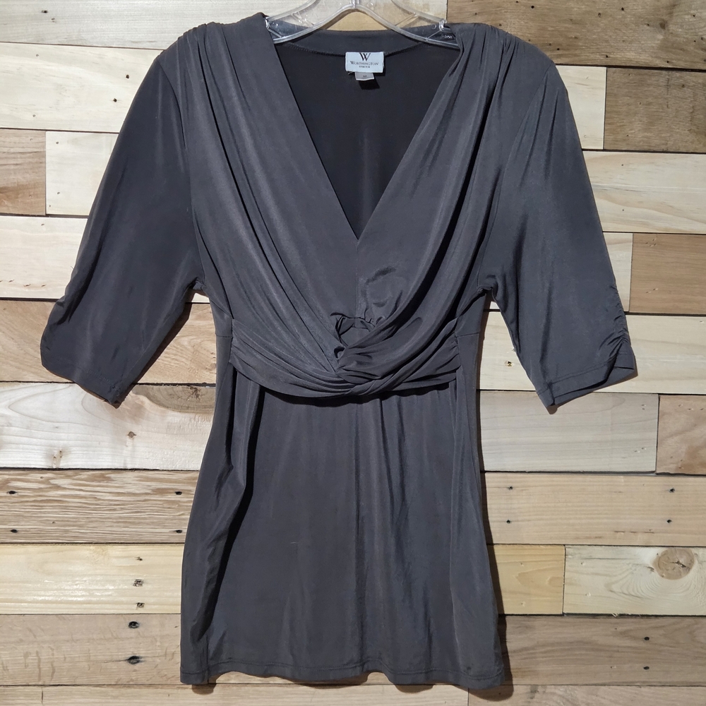 Stretch Grey V-Neck Knot Front Dress Blouse Top 3/4 Sleeve Ruched Office Career